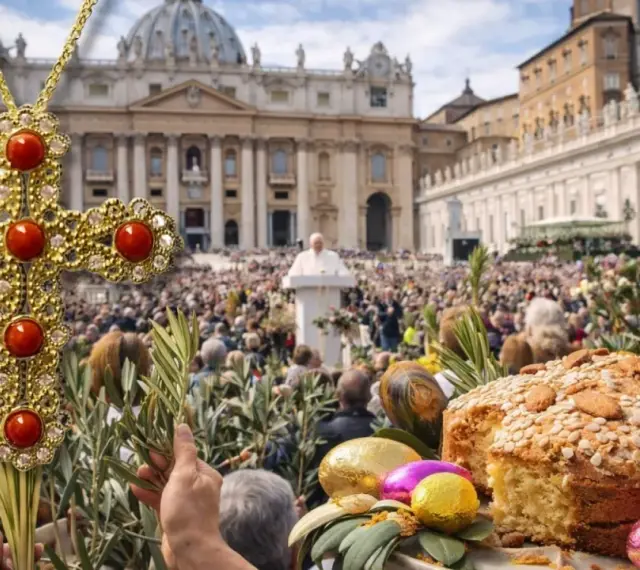 A jeweled cross, palm branches, and Easter treats in front of a crowd gathered for Holy Week in Italy.