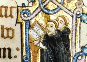 Illuminated manuscript shows Benedictine monks studying a book, illustrating how Benedictine monks spent their time in prayer and learning.