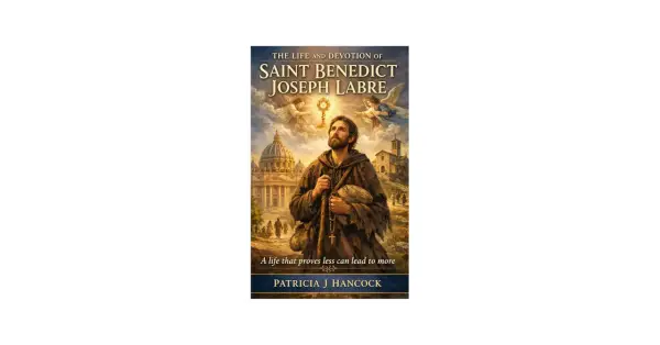 Book cover: Saint Benedict Joseph Labre, a beggar saint, looks up at the monstrance. His life and devotion inspire a st benedict joseph labre prayer.