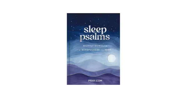 Book cover for "Sleep Psalms: Nightly Moments of Mindfulness and Rest." Features a starry night sky over rolling hills and a full moon.